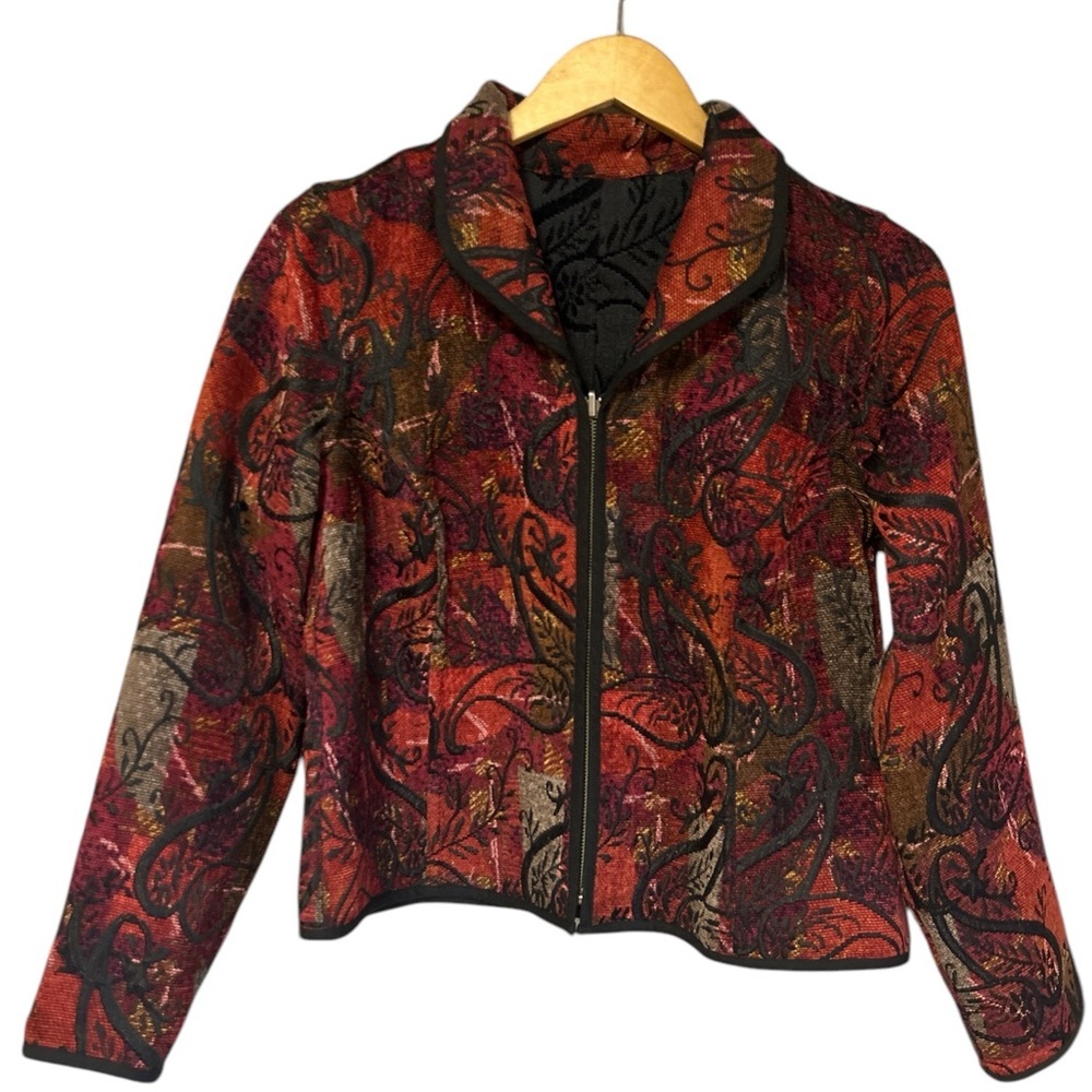 Women's Brocade Reversible Zip Up Jacket Blazer Red Black Gold Textured